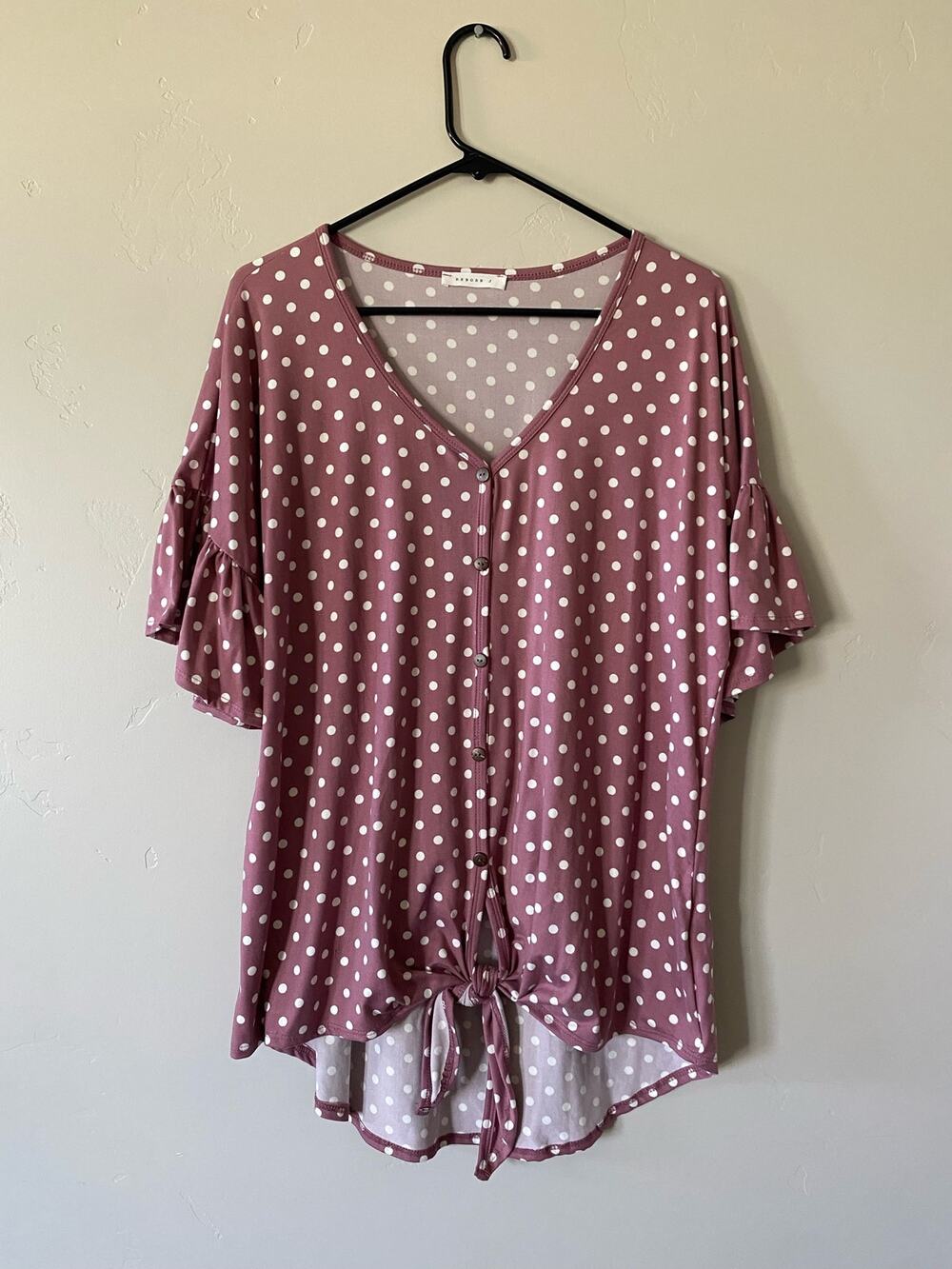 Reborn J Polka Dot Button Up With Flutter Short Sleeves Blouse Sz L NWT Casual